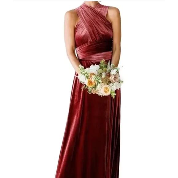 Revelry Dress Womens Medium Maroon Velvet Micah Convertible Bridesmaids Maxi - Picture 4 of 12